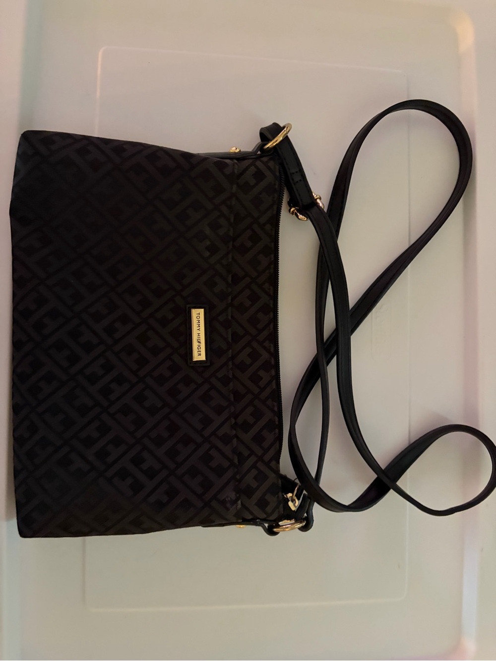 Tommy Hilfiger Black Monogram Crossbody with Gold Hardware